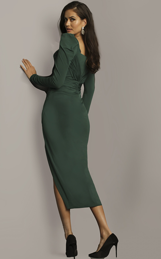 Jovani 09402 Green Ruched Bodice Long Sleeve Evening Dress